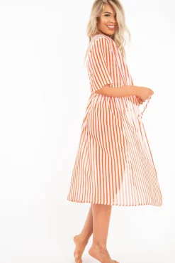 Rebellious Fashion Red White Stripe Chiffon Plunge Tie Front Midi Dress - Priscilla