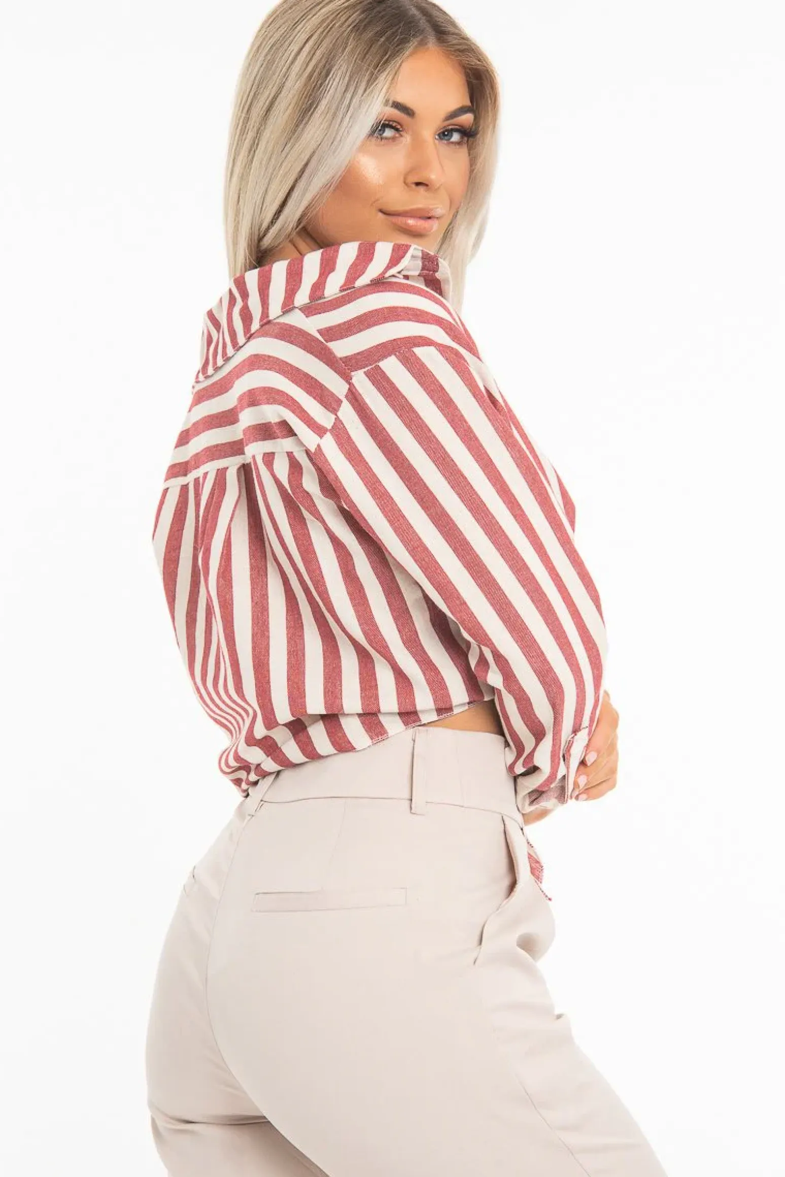 Rebellious Fashion Red White Stripe Oversized Button Down Shirt - Sopha