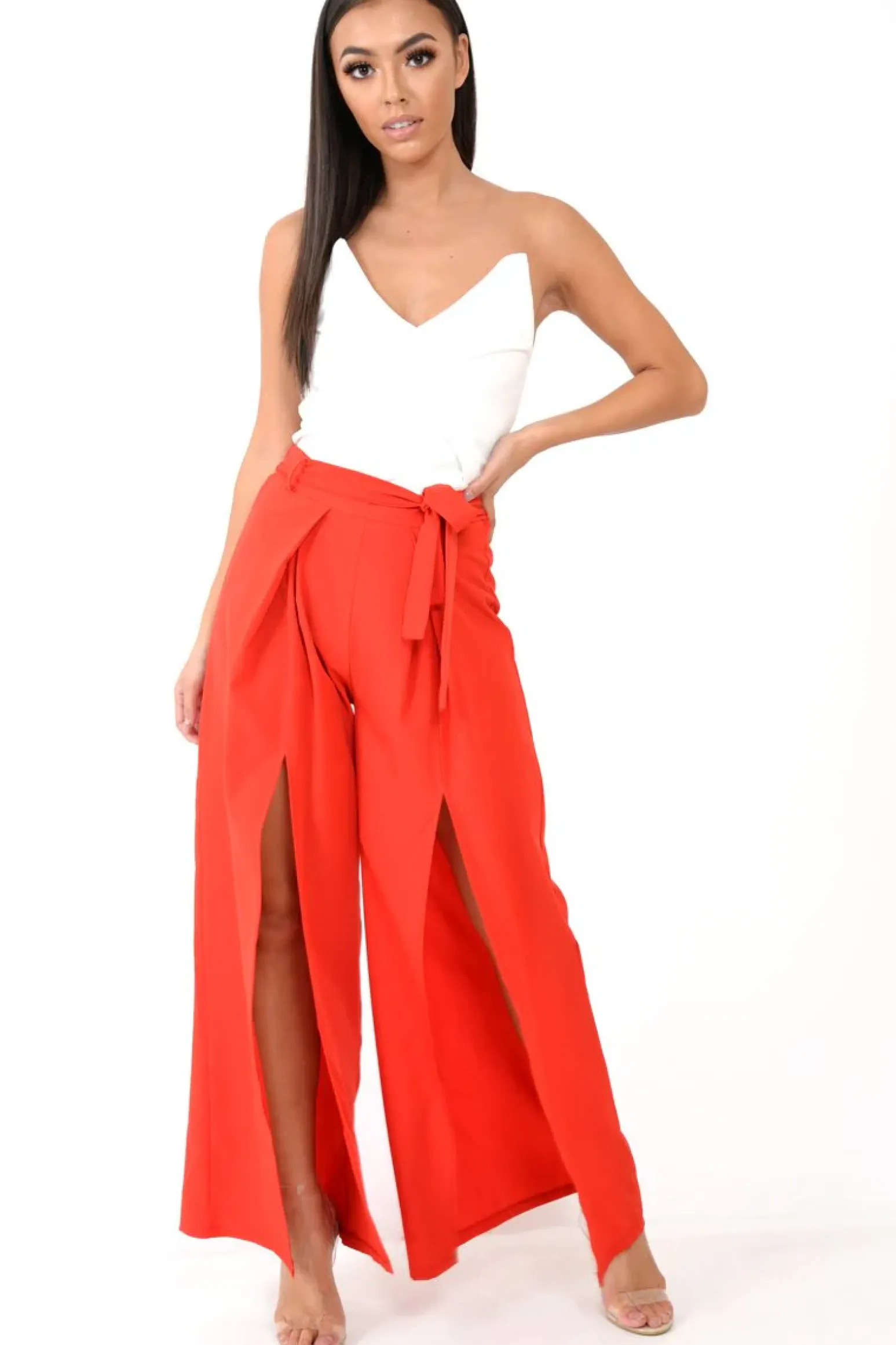 Rebellious Fashion Red Wide Leg Belted Split Front Trousers - Aamira
