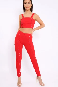 Rebellious Fashion Red with Pearls Crop Top and Trousers Co-ord - Meridith