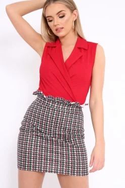 Rebellious Fashion Red Wrap Front Blazer Style Bodysuit - Leiana