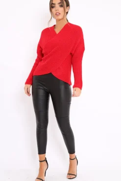 Rebellious Fashion Red Wrap Front Cable Knit Jumper - Melia