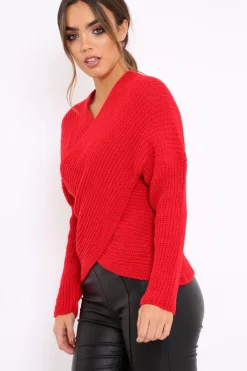 Rebellious Fashion Red Wrap Front Cable Knit Jumper - Melia