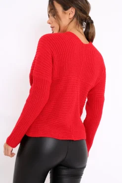 Rebellious Fashion Red Wrap Front Cable Knit Jumper - Melia