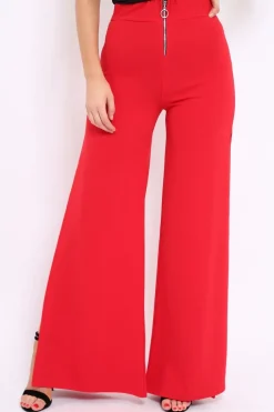 Rebellious Fashion Red Zip Front High Waisted Flare Trousers - Gerta