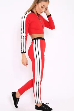 Rebellious Fashion Red Zip Front Tracksuit with White Side Stripes - Kitty