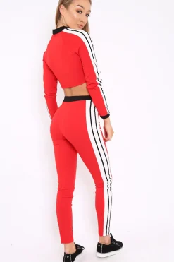 Rebellious Fashion Red Zip Front Tracksuit with White Side Stripes - Kitty