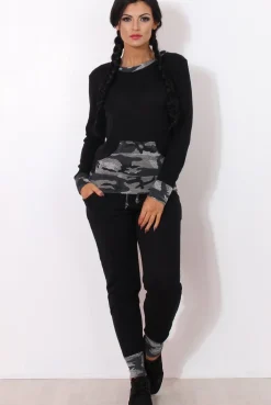 Rebellious Fashion Rihan Black Camouflage Loungewear Set