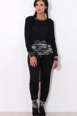 Rebellious Fashion Rihan Black Camouflage Loungewear Set