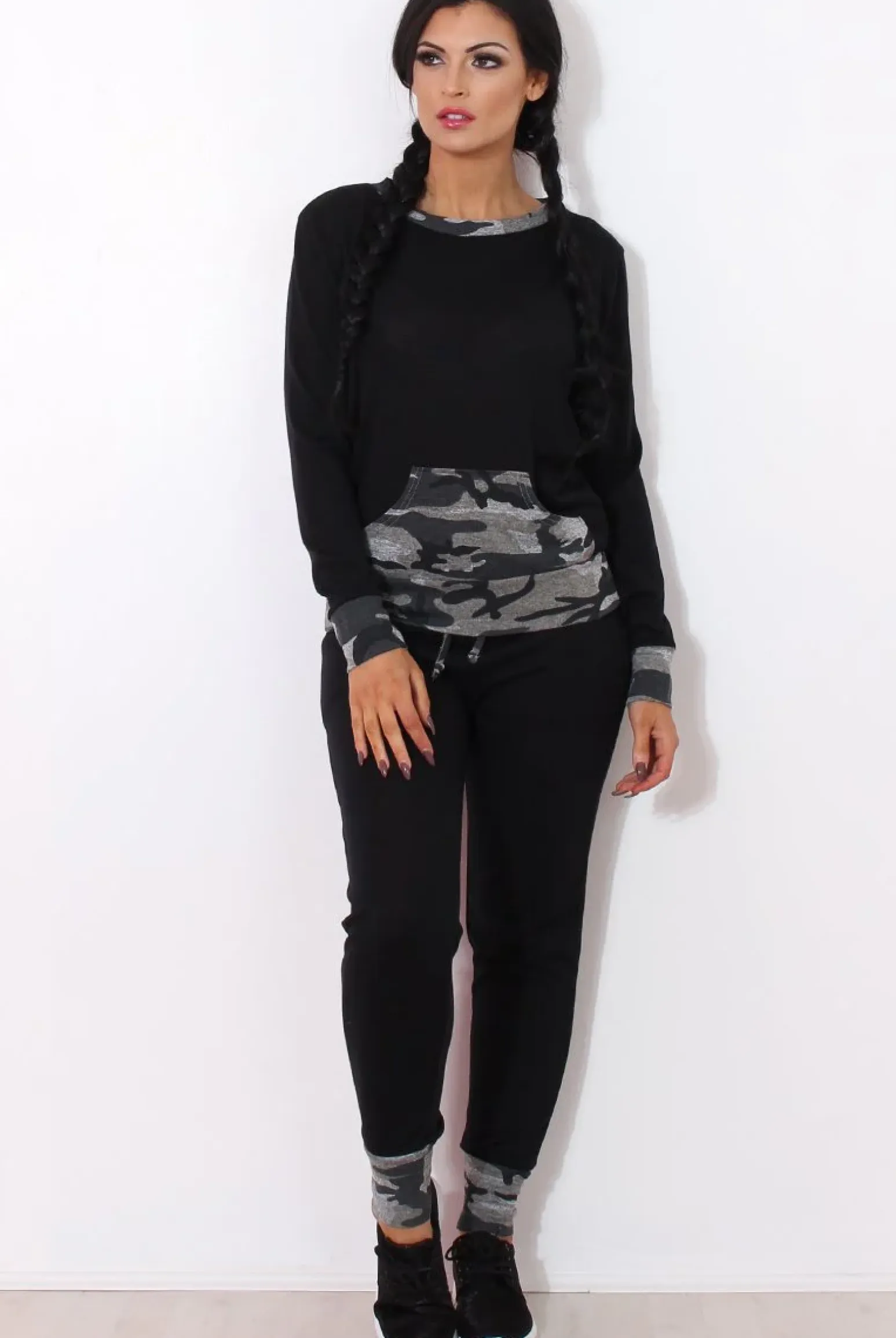 Rebellious Fashion Rihan Black Camouflage Loungewear Set
