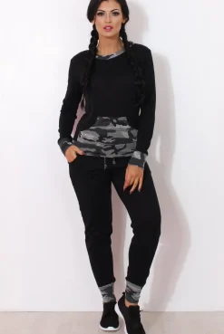 Rebellious Fashion Rihan Black Camouflage Loungewear Set