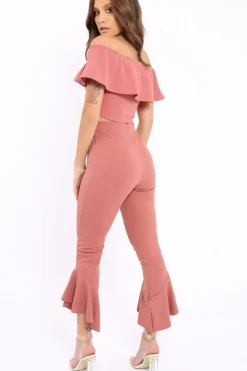 Rebellious Fashion Rose Bardot Crop Top And Dip Hem Trousers Co-ord Set - Alexiah
