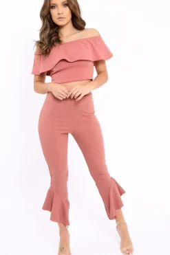 Rebellious Fashion Rose Bardot Crop Top And Dip Hem Trousers Co-ord Set - Alexiah
