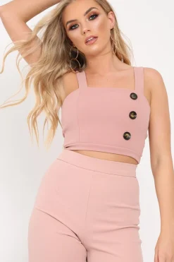 Rebellious Fashion Rose Button Detail Crop Top - Amory