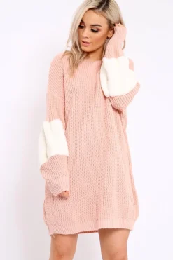 Rebellious Fashion Rose Chunky Knit Fur Sleeve Jumper Dress - Jaycee