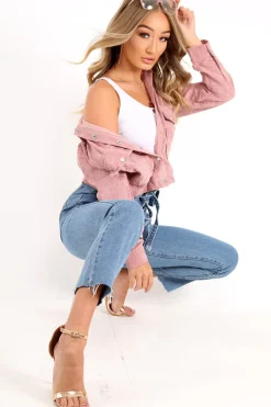 Rebellious Fashion Rose Corduroy Crop Trucker Jacket - Tiah