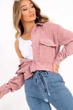 Rebellious Fashion Rose Corduroy Crop Trucker Jacket - Tiah