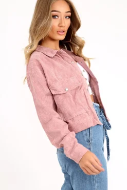Rebellious Fashion Rose Corduroy Crop Trucker Jacket - Tiah