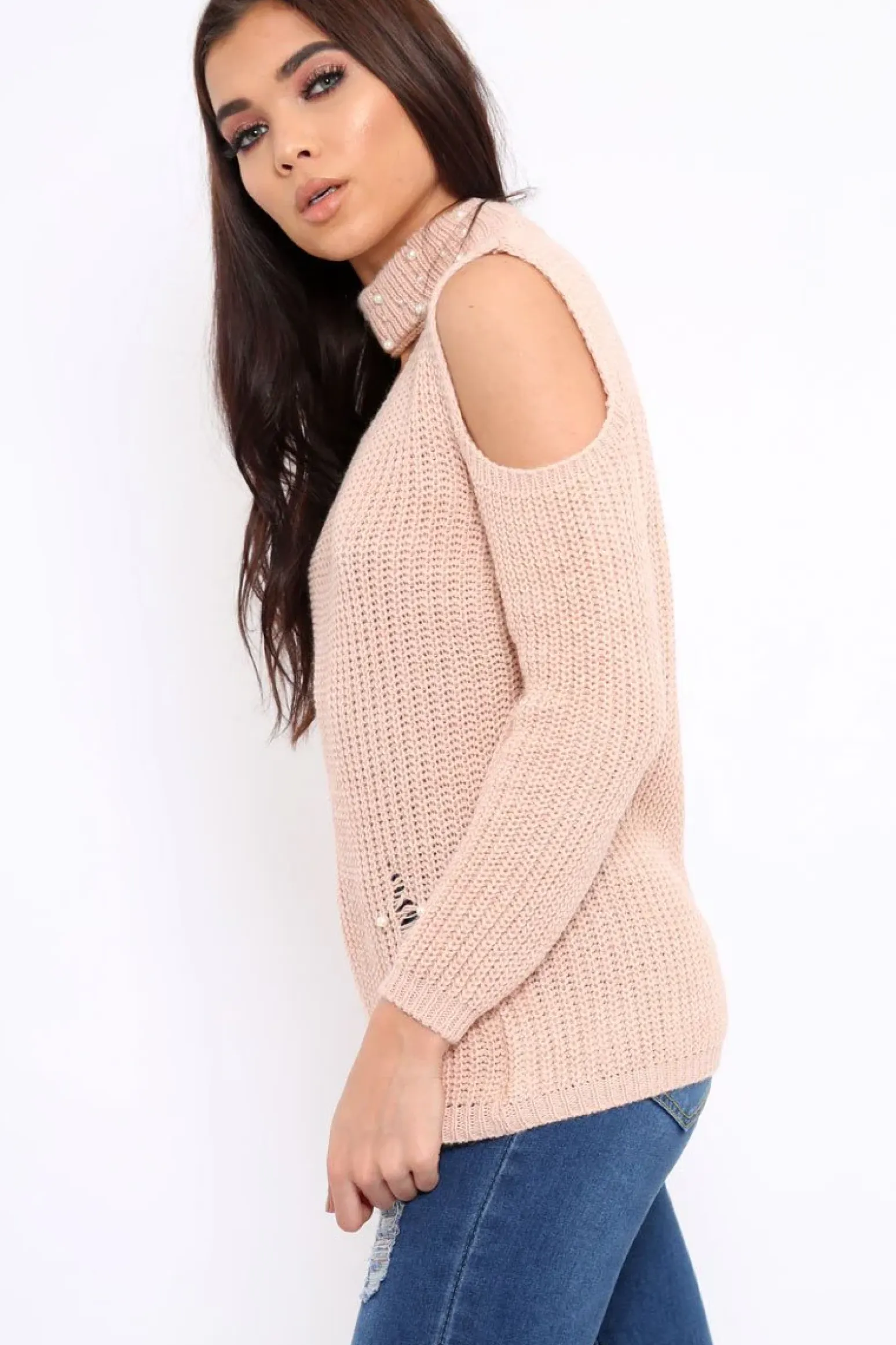 Rebellious Fashion Rose Distressed Pearl Chunky Knit Jumper - Narla