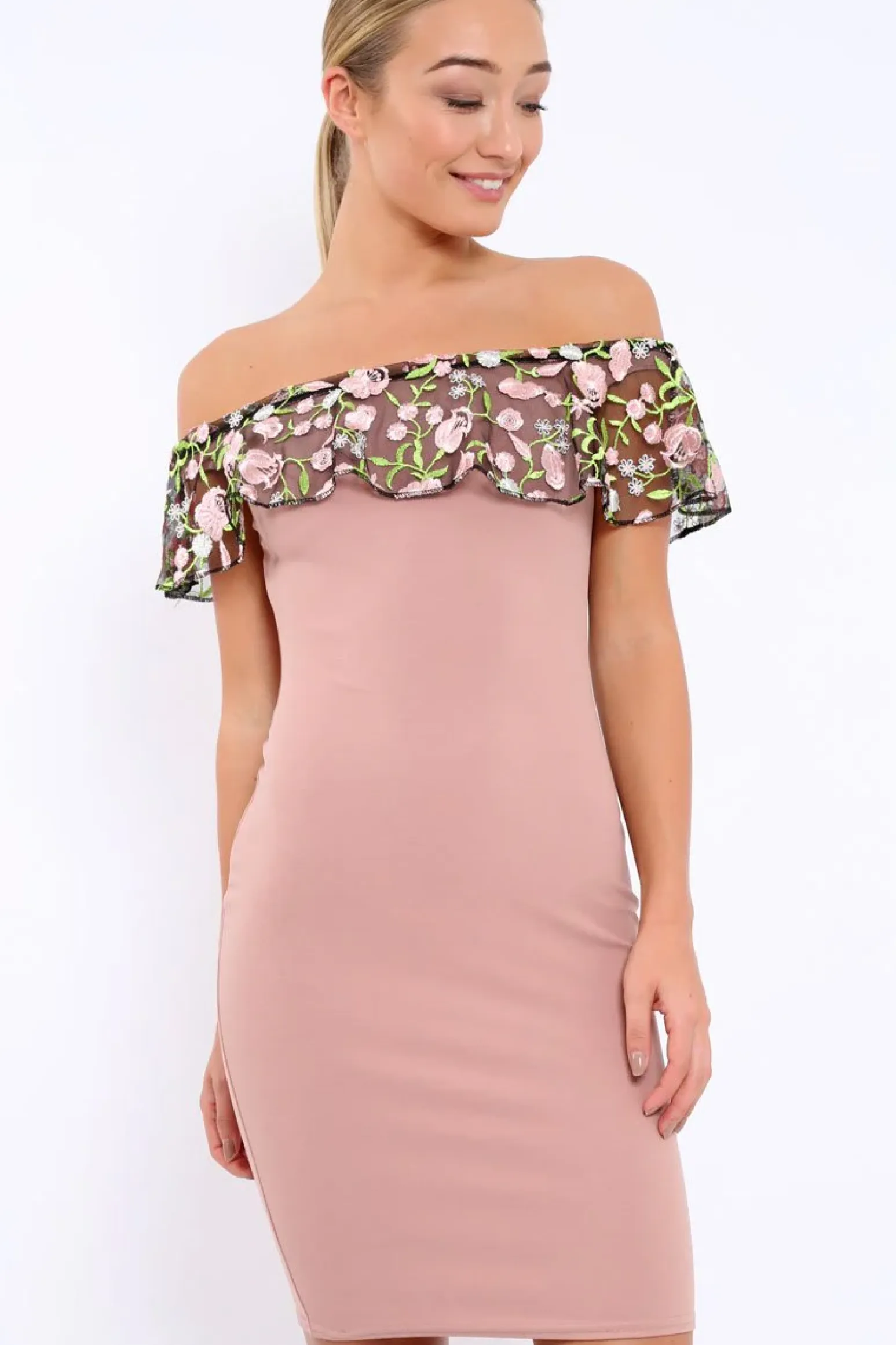 Rebellious Fashion Rose Embroidered Bardot Bodycon Dress - Jaxie