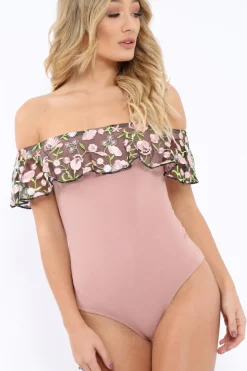 Rebellious Fashion Rose Embroidered Bardot Bodysuit - Diya