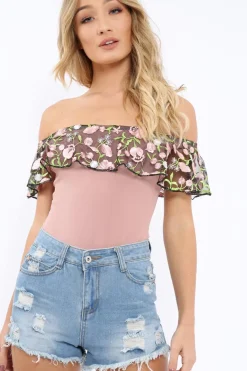Rebellious Fashion Rose Embroidered Bardot Bodysuit - Diya