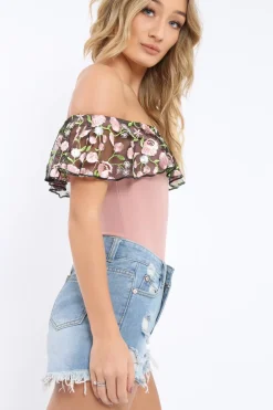 Rebellious Fashion Rose Embroidered Bardot Bodysuit - Diya