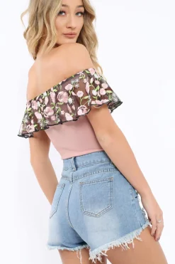 Rebellious Fashion Rose Embroidered Bardot Bodysuit - Diya