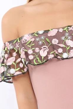 Rebellious Fashion Rose Embroidered Bardot Bodysuit - Diya