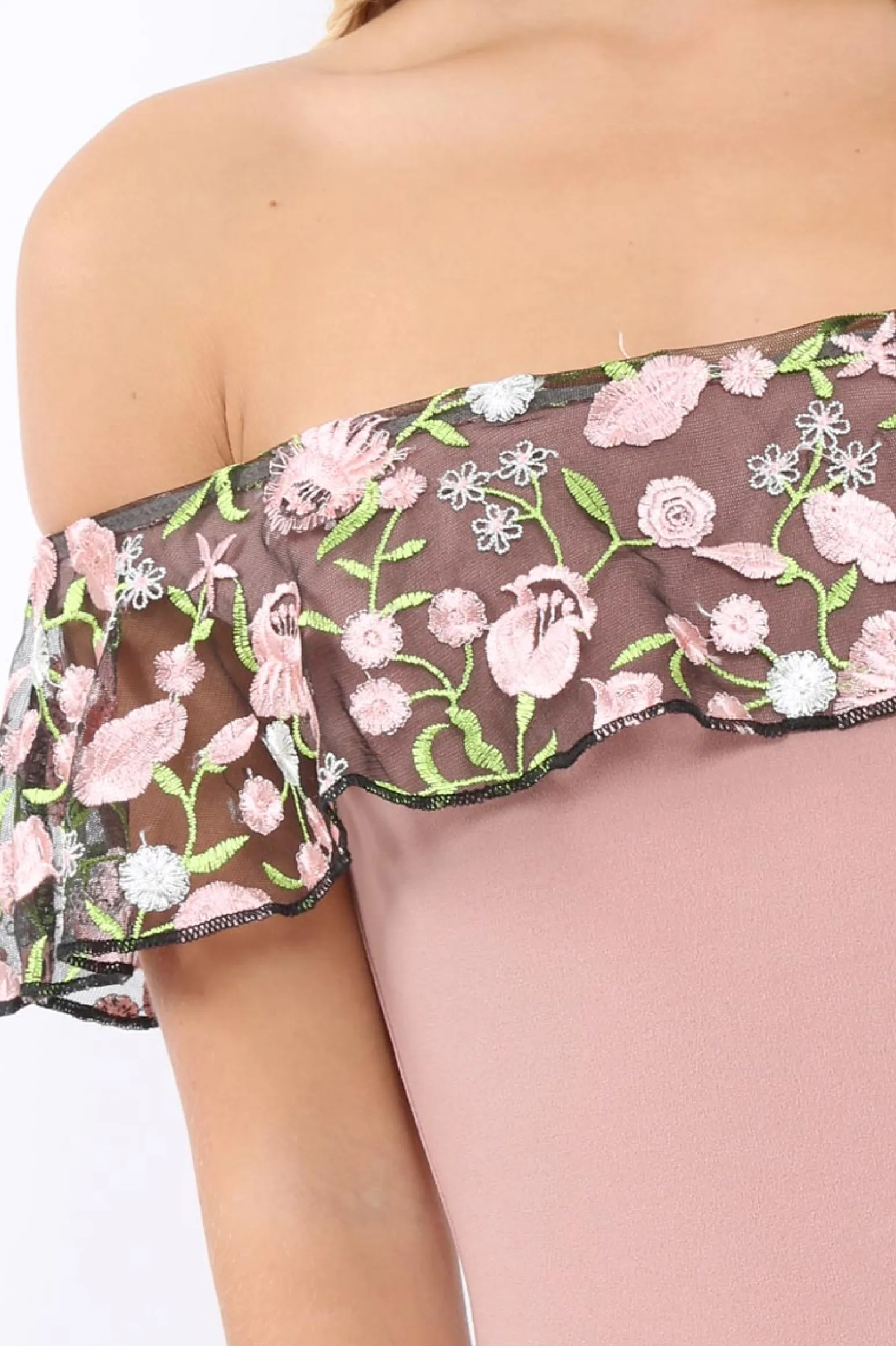 Rebellious Fashion Rose Embroidered Bardot Bodysuit - Diya