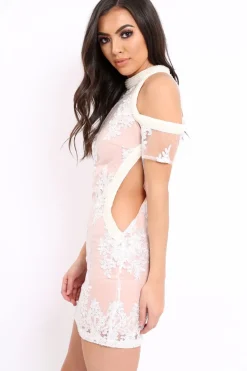 Rebellious Fashion Rose Embroidered Pearl High Neck Cut Out Mini Dress - Jaya