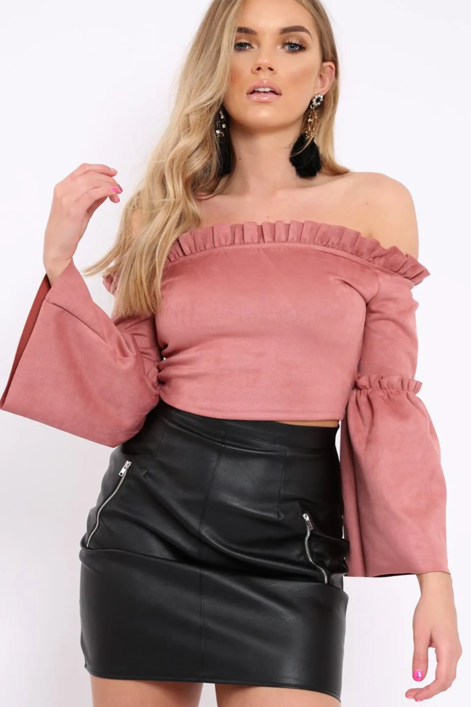 Rebellious Fashion Rose Faux Suede Crop Bardot Top - Torri