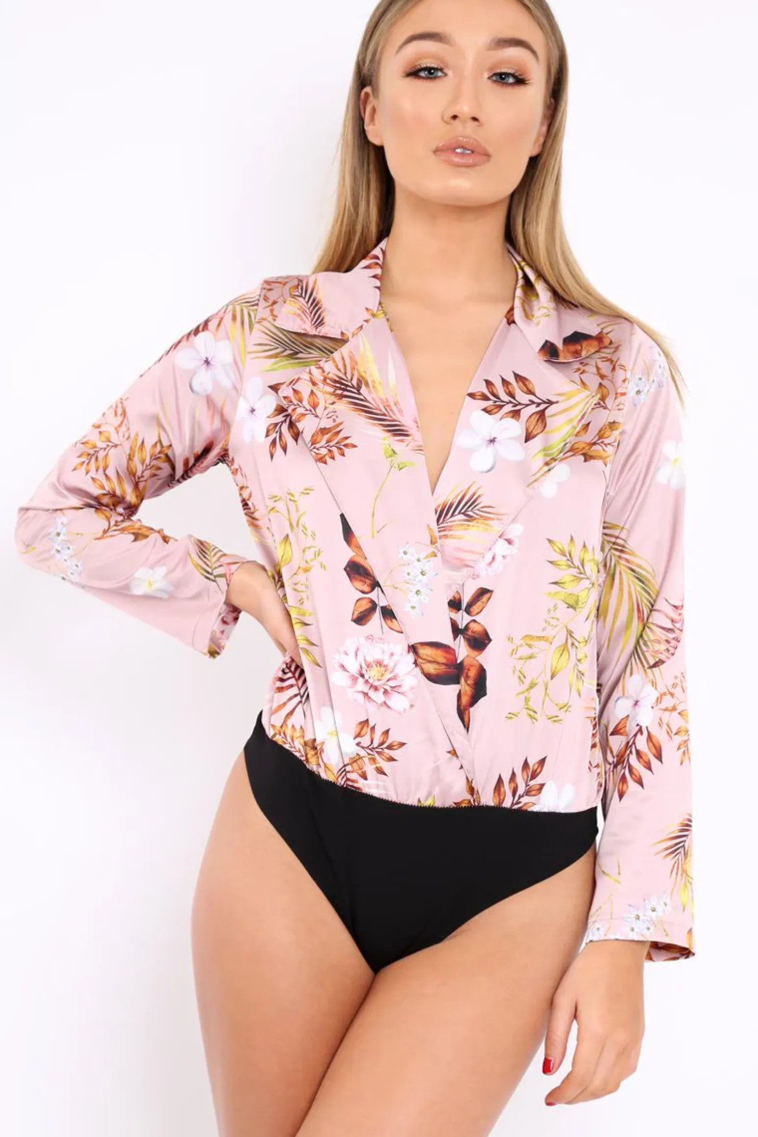 Rebellious Fashion Rose Floral Plunge Satin Bodysuit - Rebeka