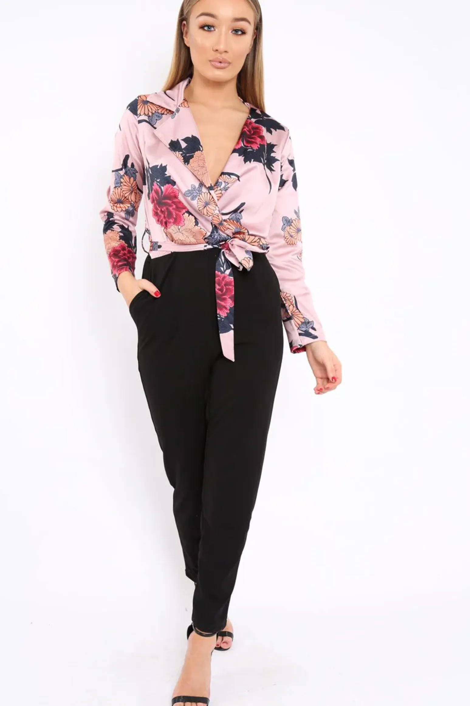 Rebellious Fashion Rose Floral Plunge Satin Wrap Front Jumpsuit - Talulah
