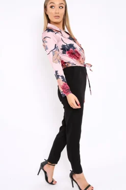 Rebellious Fashion Rose Floral Plunge Satin Wrap Front Jumpsuit - Talulah