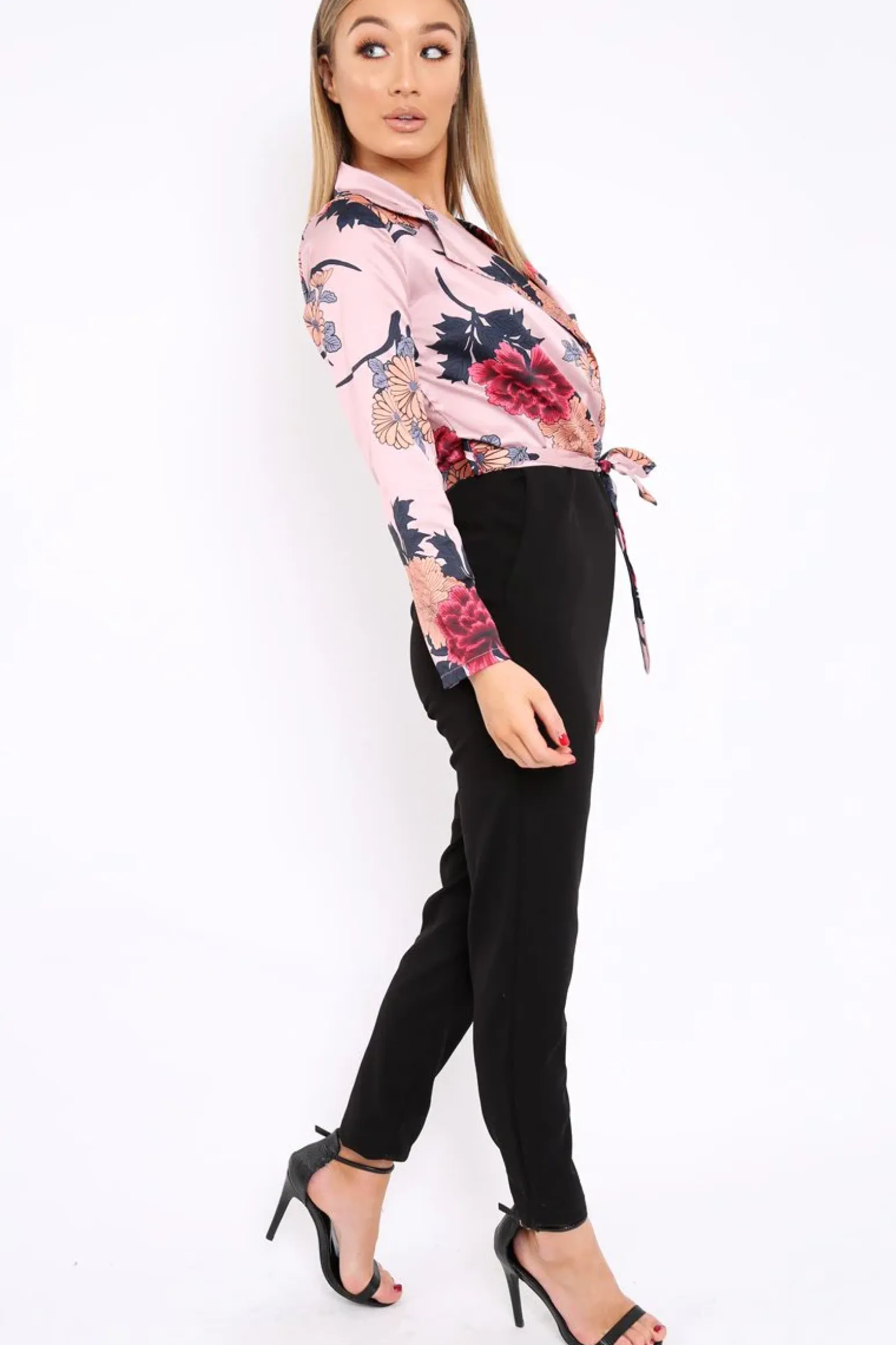 Rebellious Fashion Rose Floral Plunge Satin Wrap Front Jumpsuit - Talulah