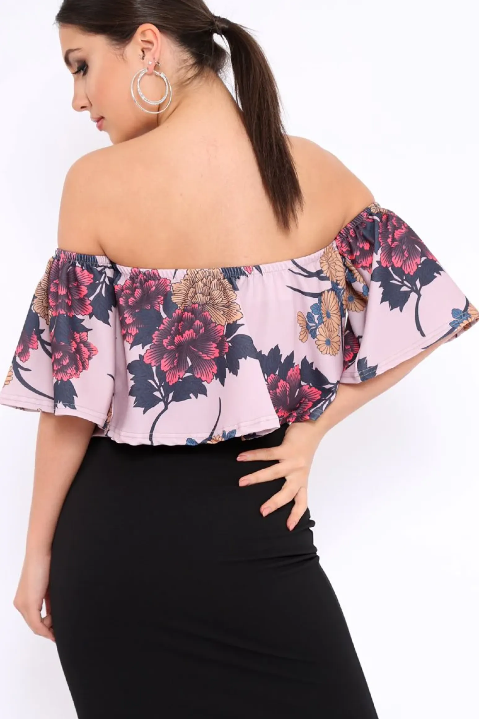 Rebellious Fashion Rose Floral Print Bardot Crop Top - Jeorgia