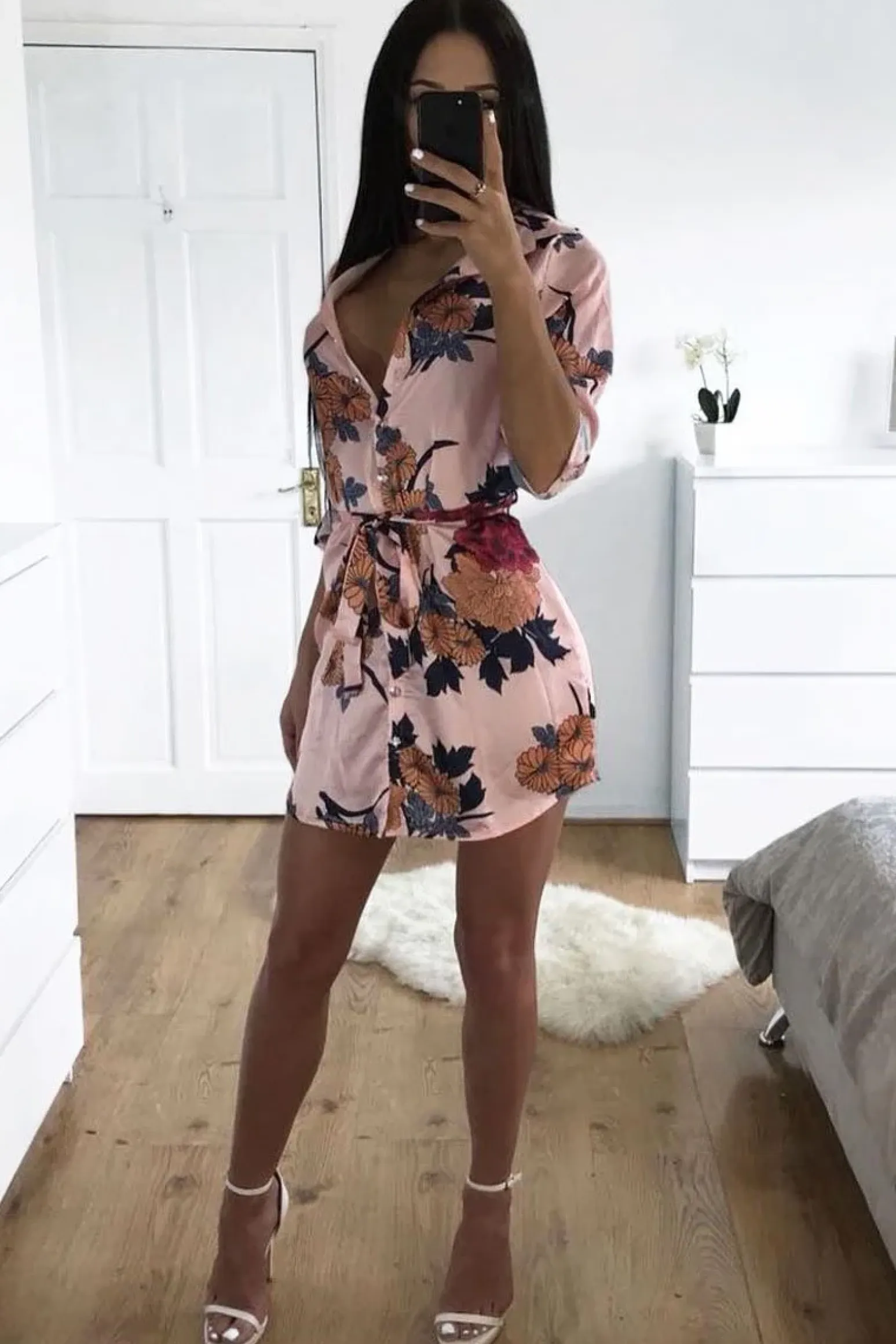 Rebellious Fashion Rose Floral Satin Shirt Tie Dress - Sophina