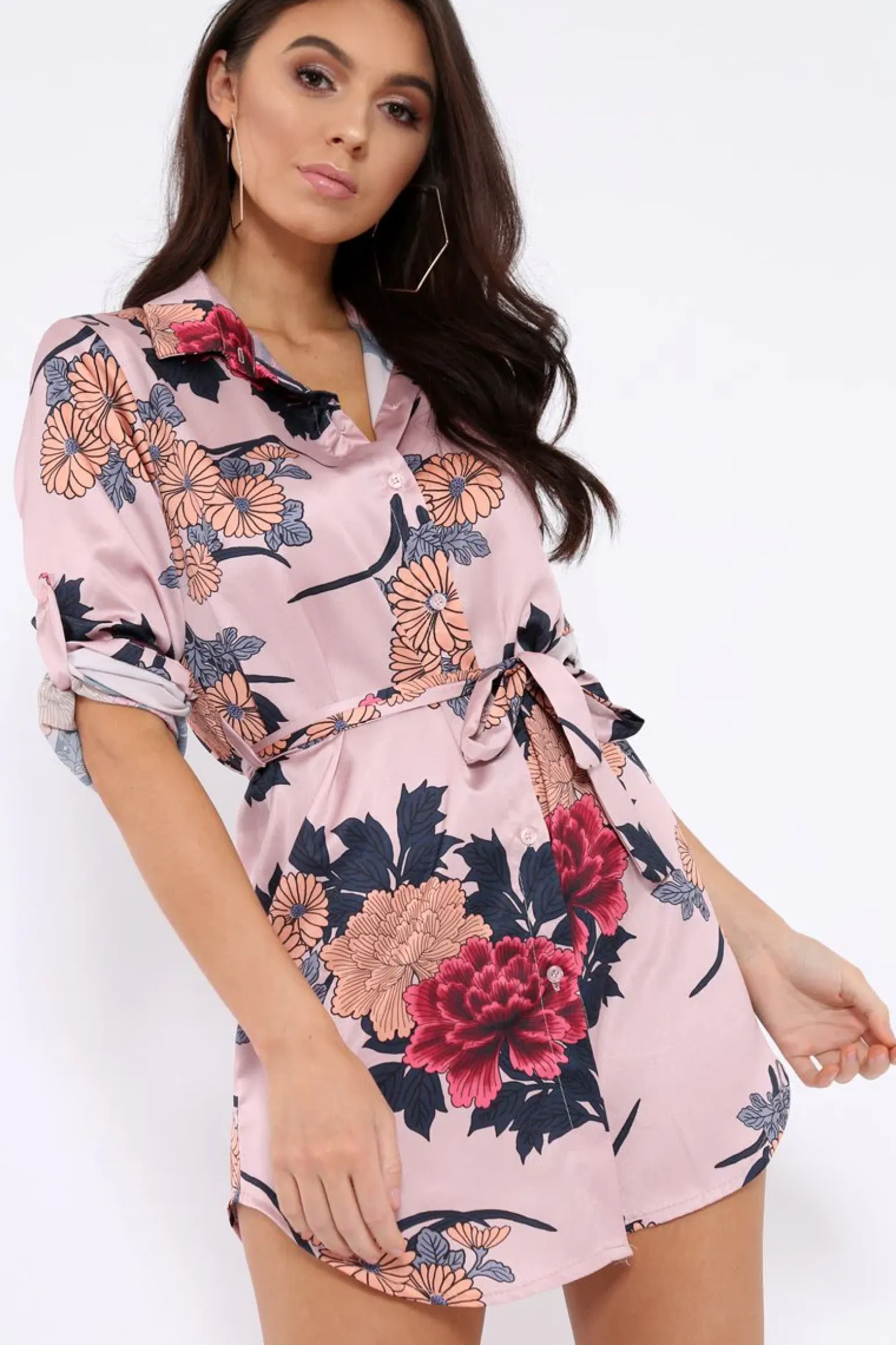 Rebellious Fashion Rose Floral Satin Shirt Tie Dress - Sophina