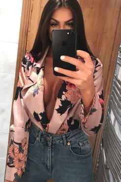 Rebellious Fashion Rose Flower Print Plunge Satin Bodysuit - Madelynn