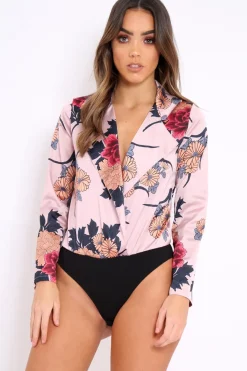 Rebellious Fashion Rose Flower Print Plunge Satin Bodysuit - Madelynn