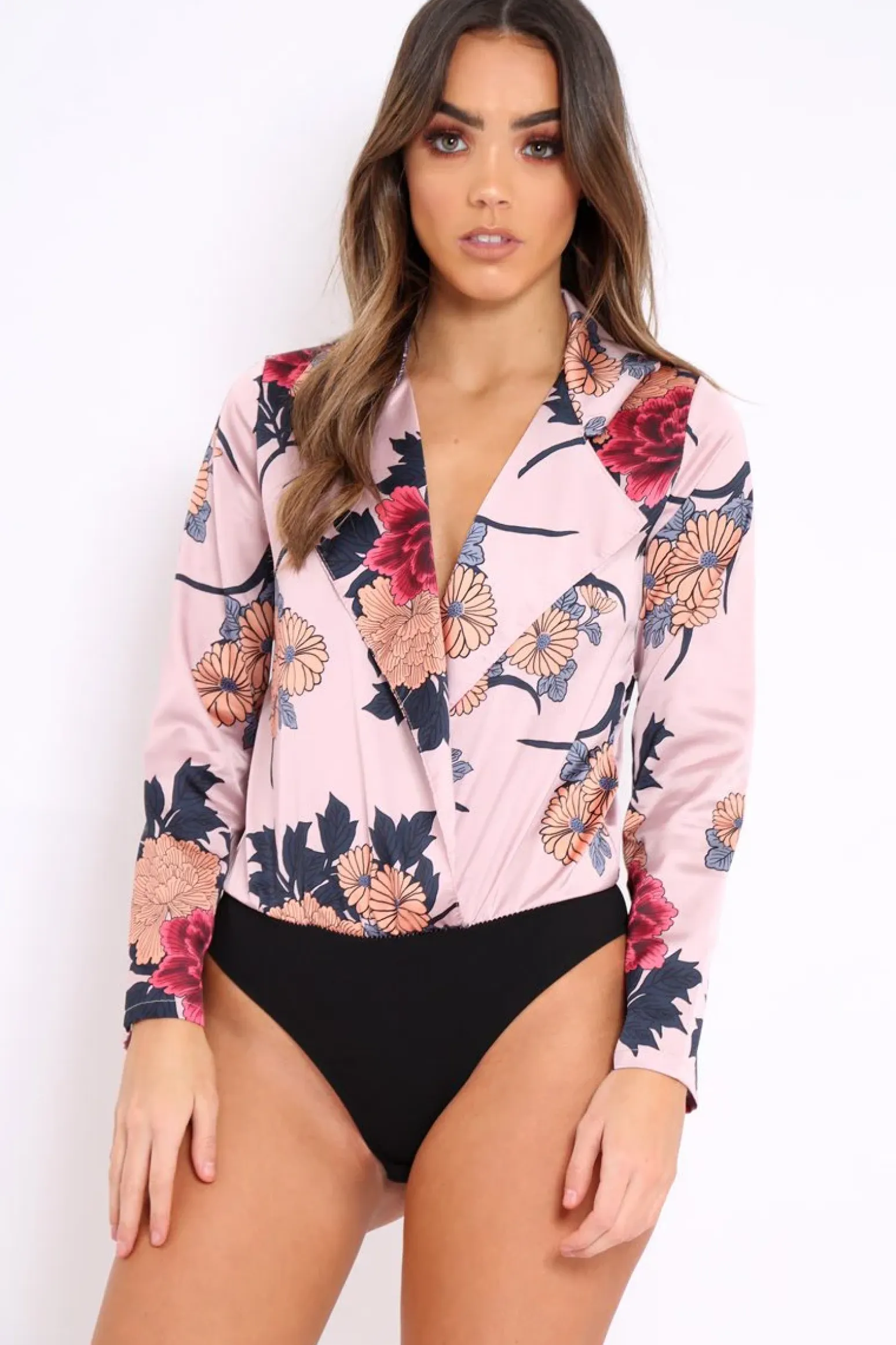 Rebellious Fashion Rose Flower Print Plunge Satin Bodysuit - Madelynn