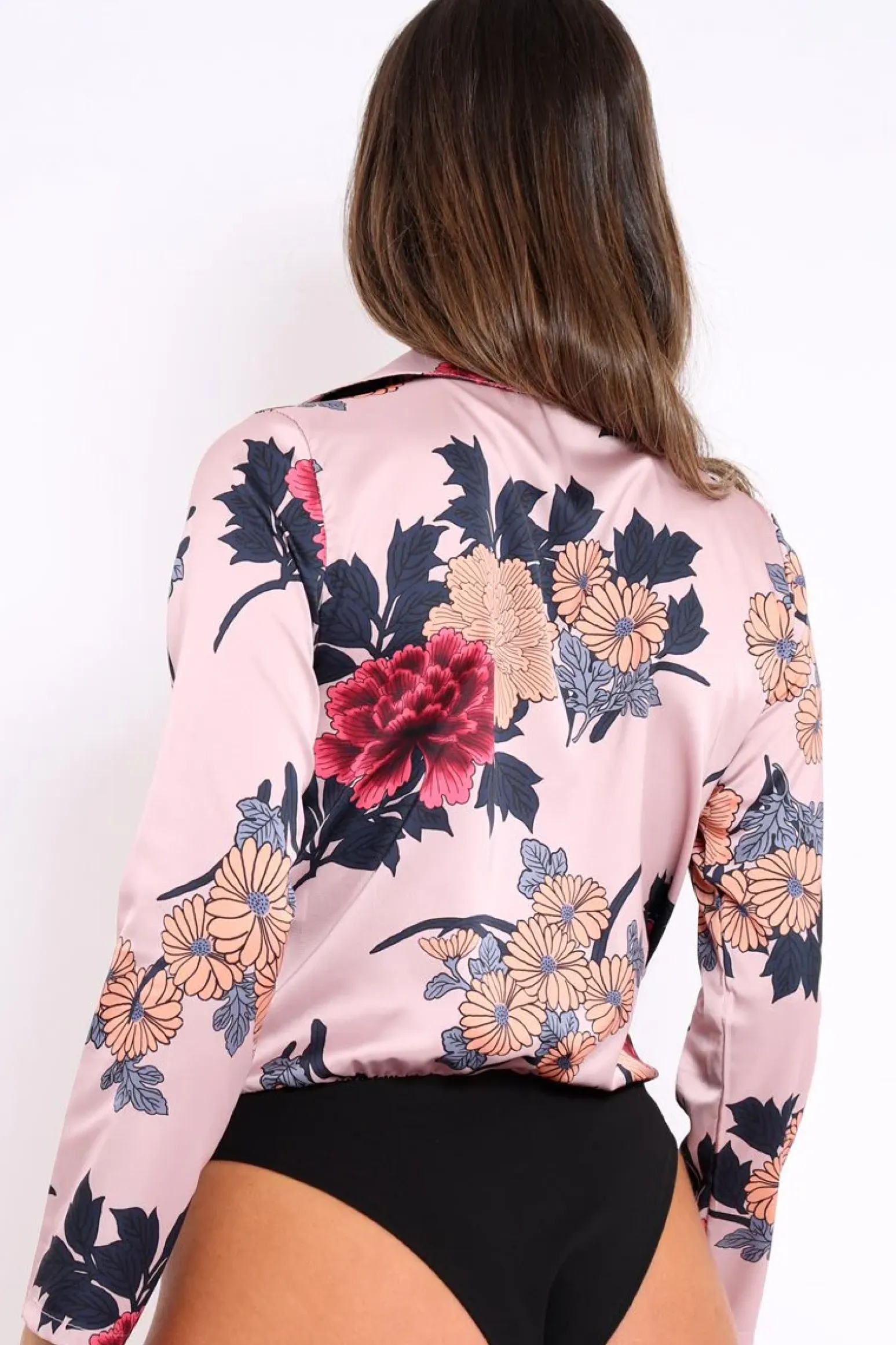 Rebellious Fashion Rose Flower Print Plunge Satin Bodysuit - Madelynn