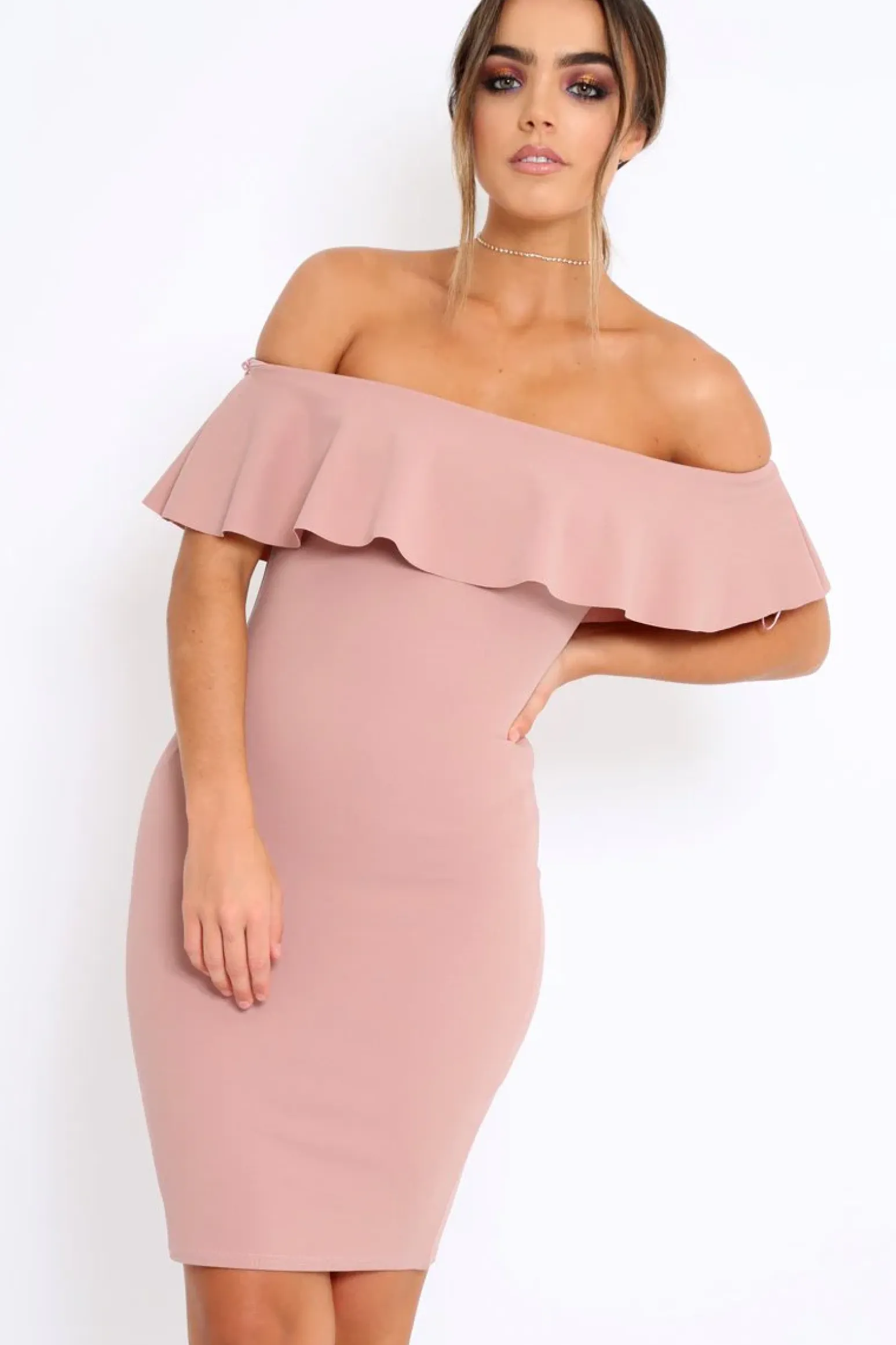 Rebellious Fashion Rose Frill Bardot Midi Dress - Bridget