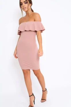 Rebellious Fashion Rose Frill Bardot Midi Dress - Bridget