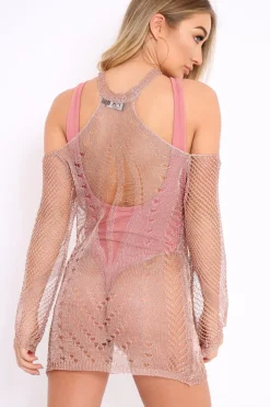 Rebellious Fashion Rose Gold Distressed Cold Shoulder Knitted Dress - Lyndon
