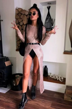 Rebellious Fashion Rose Gold Knitted Cut Out Midi Dress - Loria