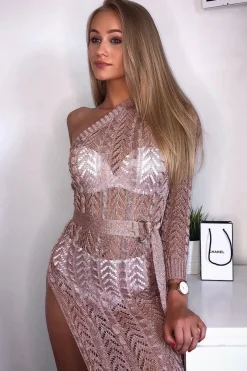 Rebellious Fashion Rose Gold Knitted One Shoulder Belted Dress - Kasyn