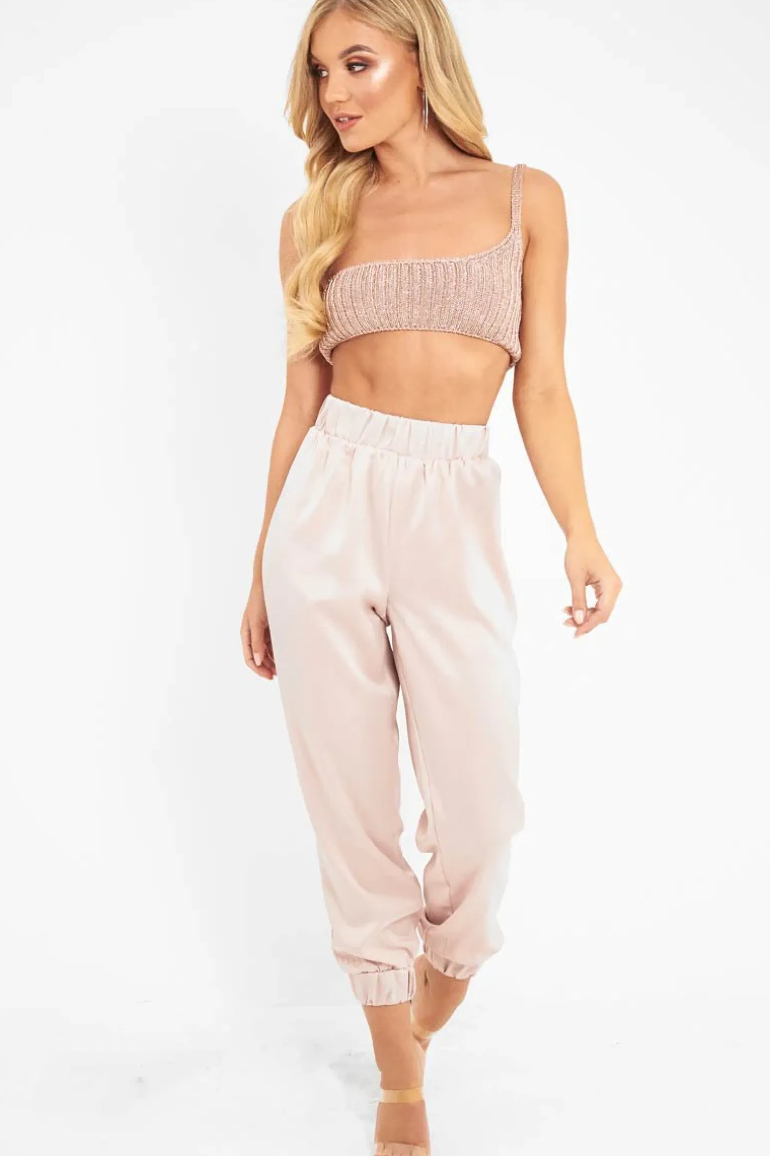 Rebellious Fashion Rose Gold Knitted One Shoulder Crop Top - Houda
