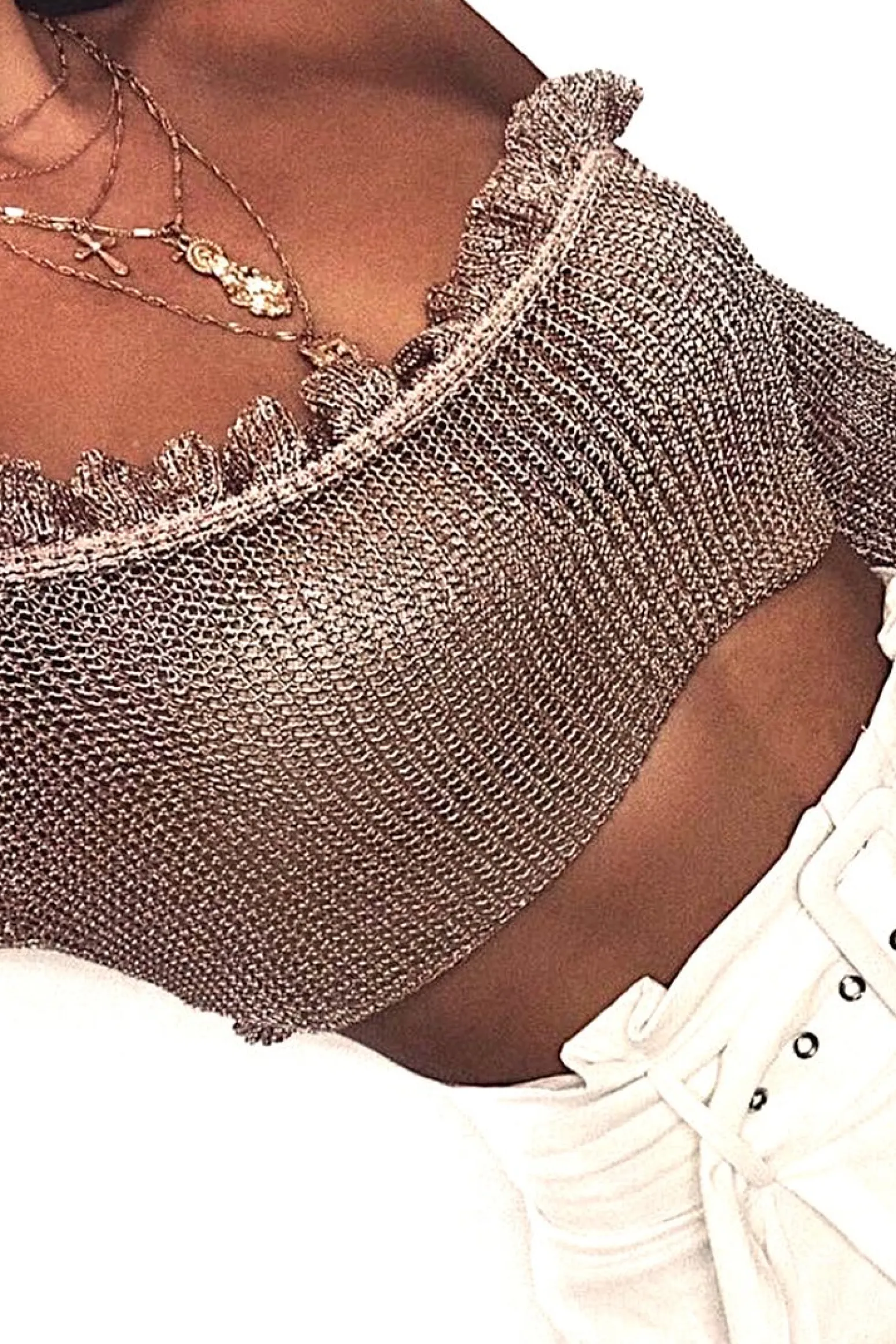 Rebellious Fashion Rose Gold Metallic Bardot Frill Crop Top - Bindi